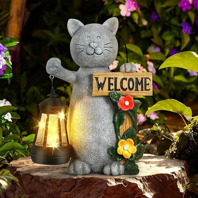 Json Garden Statue Solar Cat Figurine with Lantern, 10" Resin Kitten Outdoor Lawn Porch Yard Art, Lighted Christmas Birthday Gifts for Mom Grandma by GreenHaven Gardens