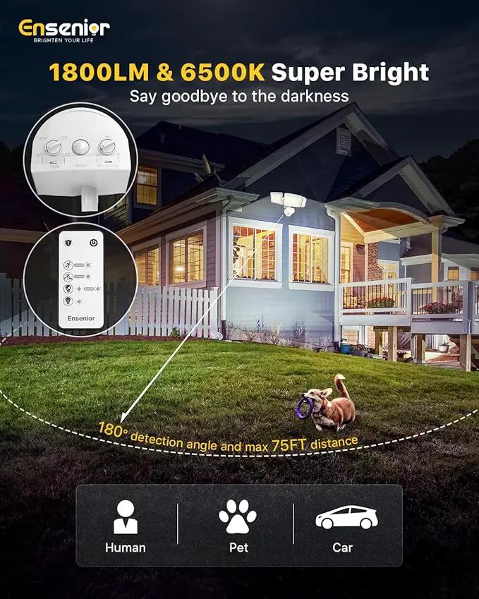 Ensenior 1800LM Solar Flood Lights Outdoor, Motion Sensor Outdoor Light 6500K, IP65 Waterproof, Separate Solar Panel, Solar Security Light with 5 Sensor Modes and 3 Adjustable Head for Yard (White) by GreenHaven Gardens