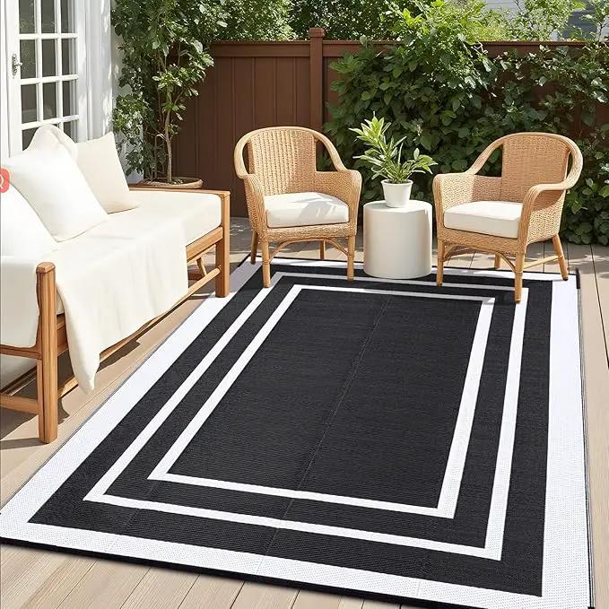 OLANLY Outdoor Rug 9x12 ft Waterproof, Reversible Outdoor Plastic Straw Rug, RV Mat, Indoor Outdoor Carpet Clearance for Patio, Camping, Balcony, Deck, Backyard, Black & White by GreenHaven Gardens