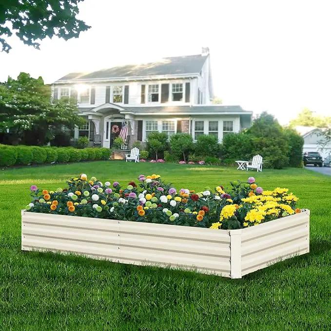 Raised Garden Bed Beige, 6x3x1ft Galvanized Raised Garden Bed Outdoor Metal for Gardening Vegetables Flower Garden Planter Box Large Raised Bed with Gloves and 3ftx30ft Weed Barrier Fabric by GreenHaven Gardens