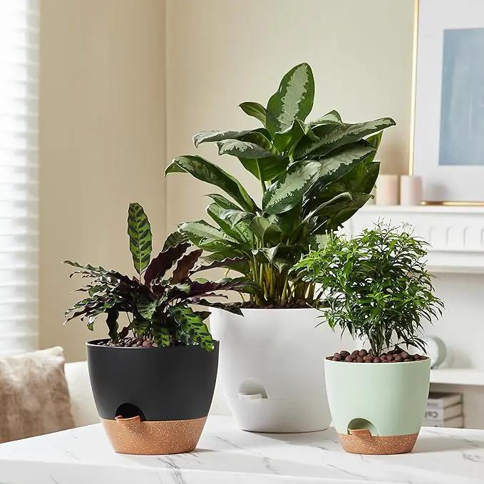 FaithLand 3-Pack Large Planter Pots, 12 10 9 Inch Self Watering Flower Pots for Indoor Outdoor Garden Plants, Green with Brown by GreenHaven Gardens