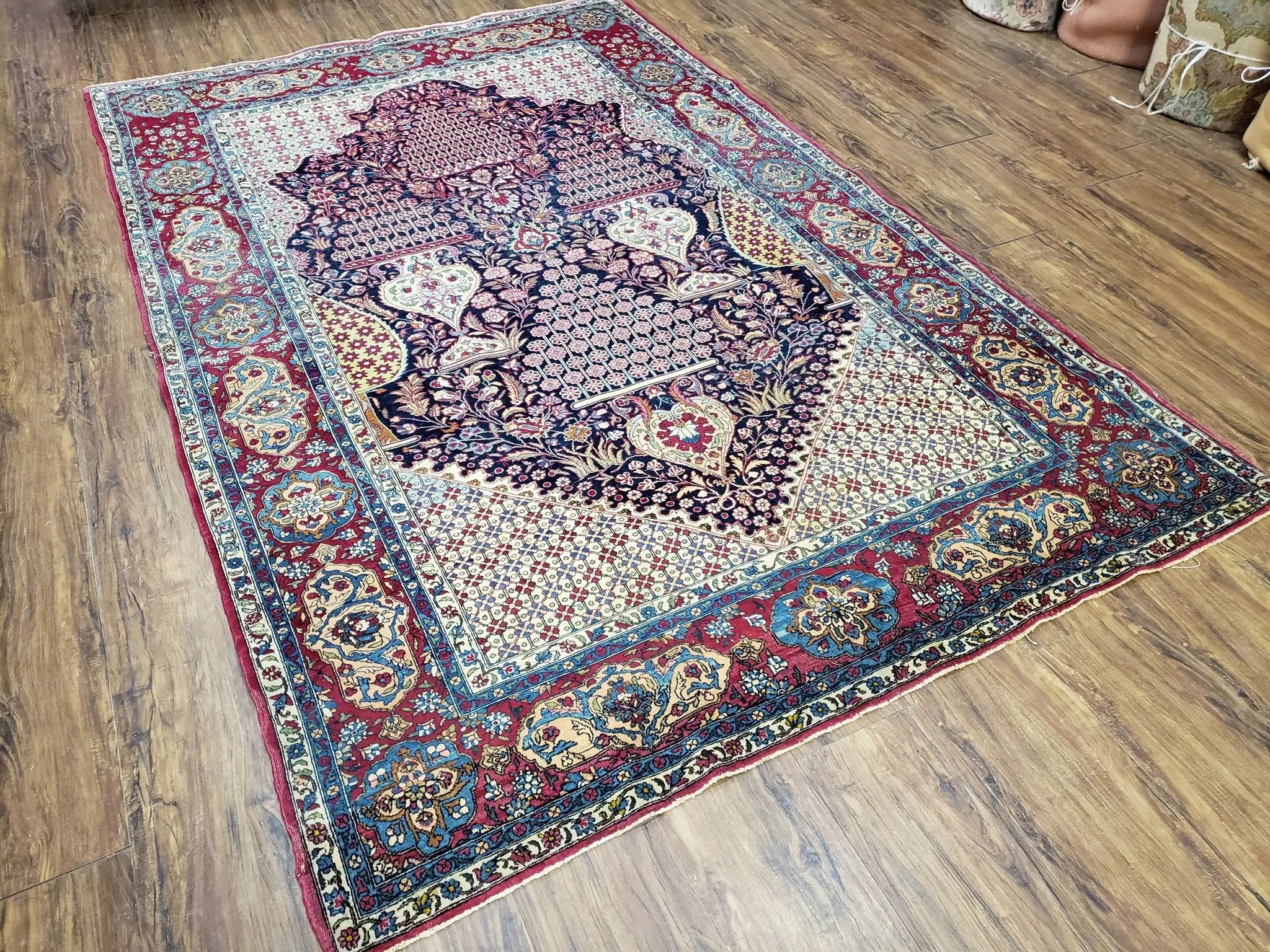 Antique Persian Tehran Rug 5x8, Midnight Blue and Red, Hand-Knotted, Wool by Jewel Rugs