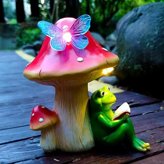 Solar Frog Mushroom Garden Statues,Resin Frog Mushroom Reading a Book Figurine with LED Solar Lights, Lawn Decor Outdoor Statue for Patio,Balcony,Yard,Lawn Ornament by GreenHaven Gardens