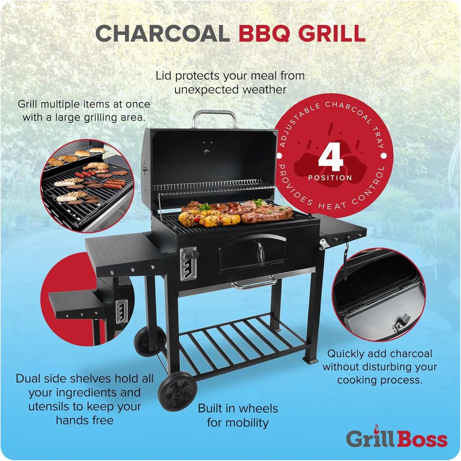 Grill Boss Charcoal Grill with Large 32-Inch Cooking Area - Includes Warming Rack, Side Shelves, Bottom Storage and Wheels for Outdoor BBQ, Tailgating, Camping & Backyard Grilling by GreenHaven Gardens