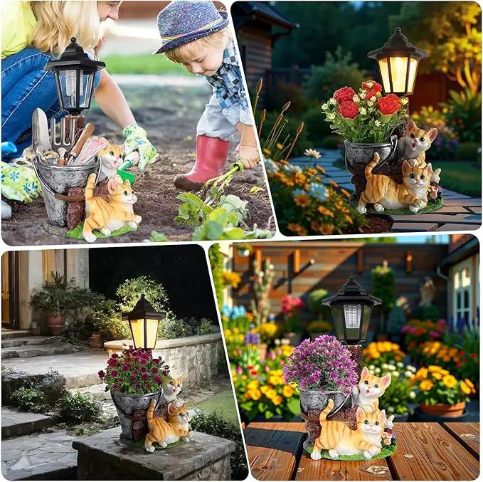 Solar Cat Outdoor Statues, Garden Sculptures with Flowerpot Decor & Solar Lantern for Yard Art Lawn Ornaments Porch Patio Balcony - Idea Gifts for Women Mom Grandma by GreenHaven Gardens