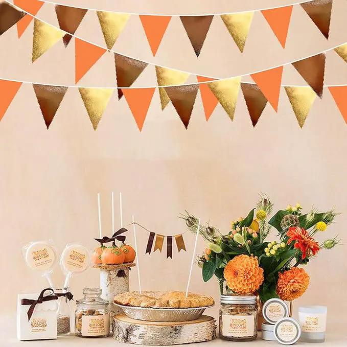 Fall Party Decorations Orange Gold Brown Metallic Fabric Triangle Pennant Banner Flag Bunting Garland for Autumn Fall Thanksgiving Wedding Birthday Bridal Shower Engagement Graduation Party Supplies by GreenHaven Gardens