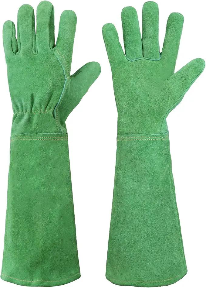 HANDLANDY Leather Gardening Gloves, Thorn Proof Long Gauntlet Heavy Duty Garden Gloves, Elbow Length Rose Pruning Weeding Yard Glove (Large, Green) by GreenHaven Gardens