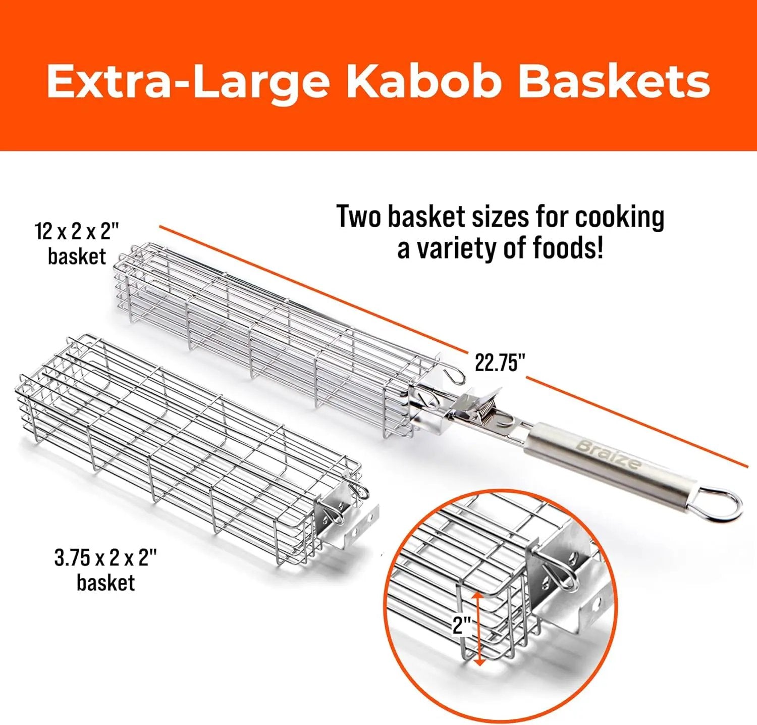 Large Grilling Basket Set – 3 Stainless Steel Kabob Baskets with Removable Handle & Scrubber Sponge – Heavy-Duty Grill Accessory for Veggies, Meat & More by GreenHaven Gardens