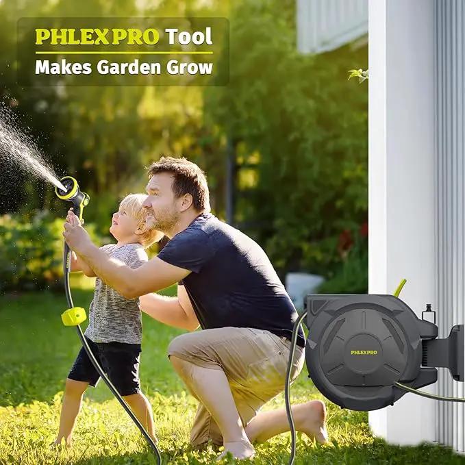Retractable Garden Hose Reel 105FT, 1/2 inch Wall Mounted Hose Reel with Full Brass Fittings, 10 Patterns Spray Nozzle, Any Length Lock, 180° Automatic Rewind by GreenHaven Gardens