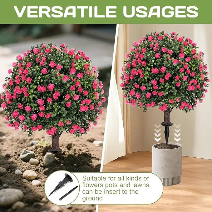 Artificial Pink camellia Topiary Ball Tree 25" with Ground Spike, Set of 2 Artificial Boxwood Bushes for Faux Shrubs, Fake Evergreen Faux Plant for Indoor Outdoor Garden -UV Resistant–Fade-Proof by GreenHaven Gardens