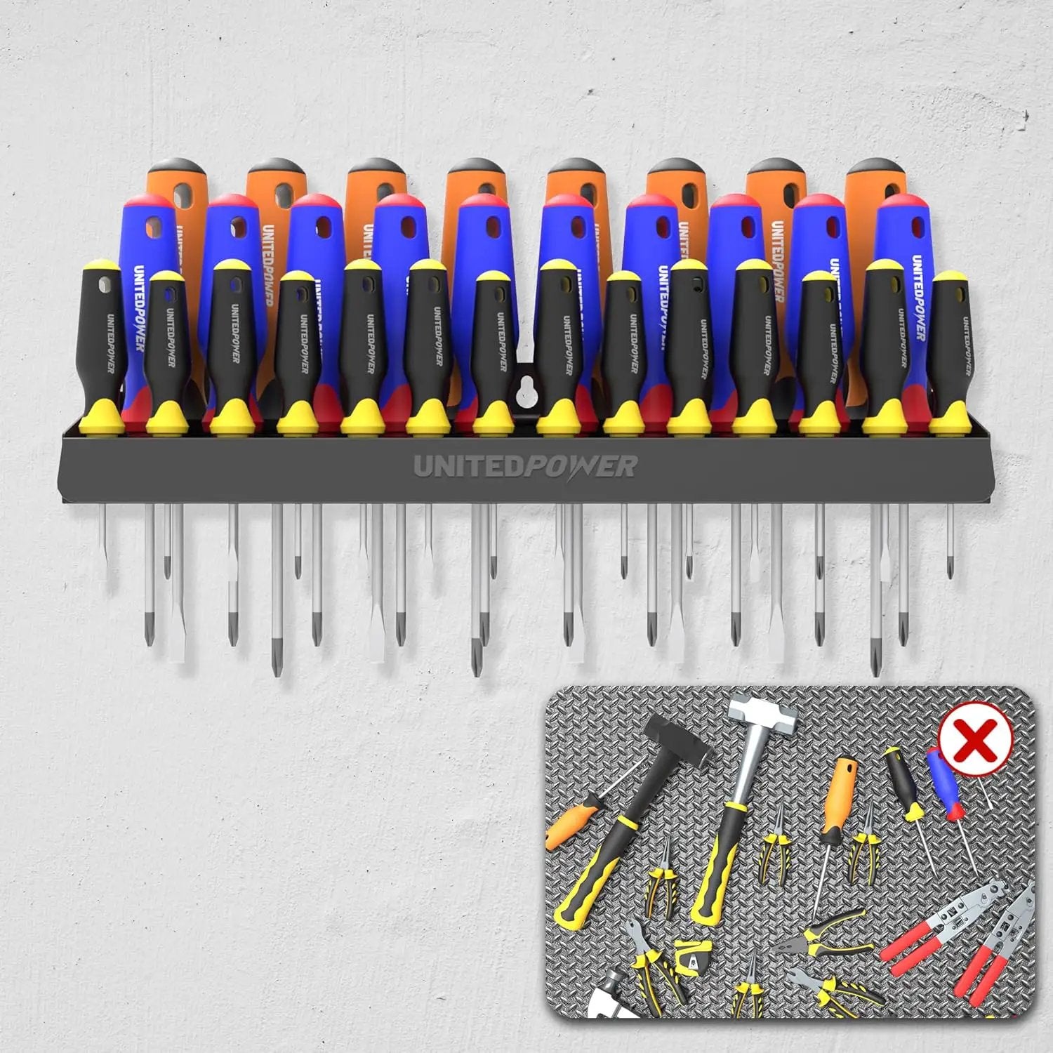 UNITEDPOWER Screwdriver Holder, Wall Mount Storage Rack Organizer for Workshop, Shed, Garage, Home, Stores up to 32 Screwdrivers or Small Tools by GreenHaven Gardens
