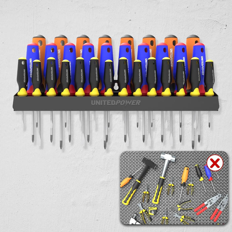 UNITEDPOWER Screwdriver Holder, Wall Mount Storage Rack Organizer for Workshop, Shed, Garage, Home, Stores up to 32 Screwdrivers or Small Tools by GreenHaven Gardens