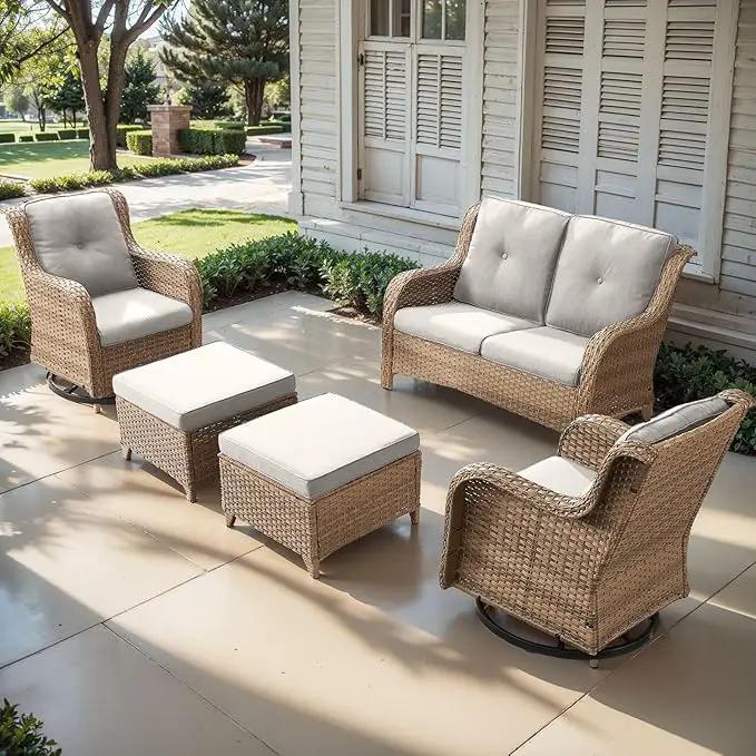 Outdoor Wicker Patio Furniture Set - 5 Piece Rattan Patio Conversation Set with 2 Rocking Swivel Chairs,2 Ottomans and 1 Loveseat for Porch Deck Backyard Garden(Yellow/Beige) by GreenHaven Gardens