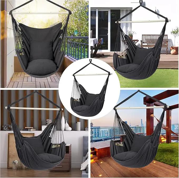 Y- Stop Hammock Chair Hanging Rope Swing Chair, Max 500 Lbs, 2 Seat Cushions Included, Removable Steel Spreader Bar with Anti-Slip Rings, Hardware kit-for Indoor or Outdoor(Dark Grey) by GreenHaven Gardens