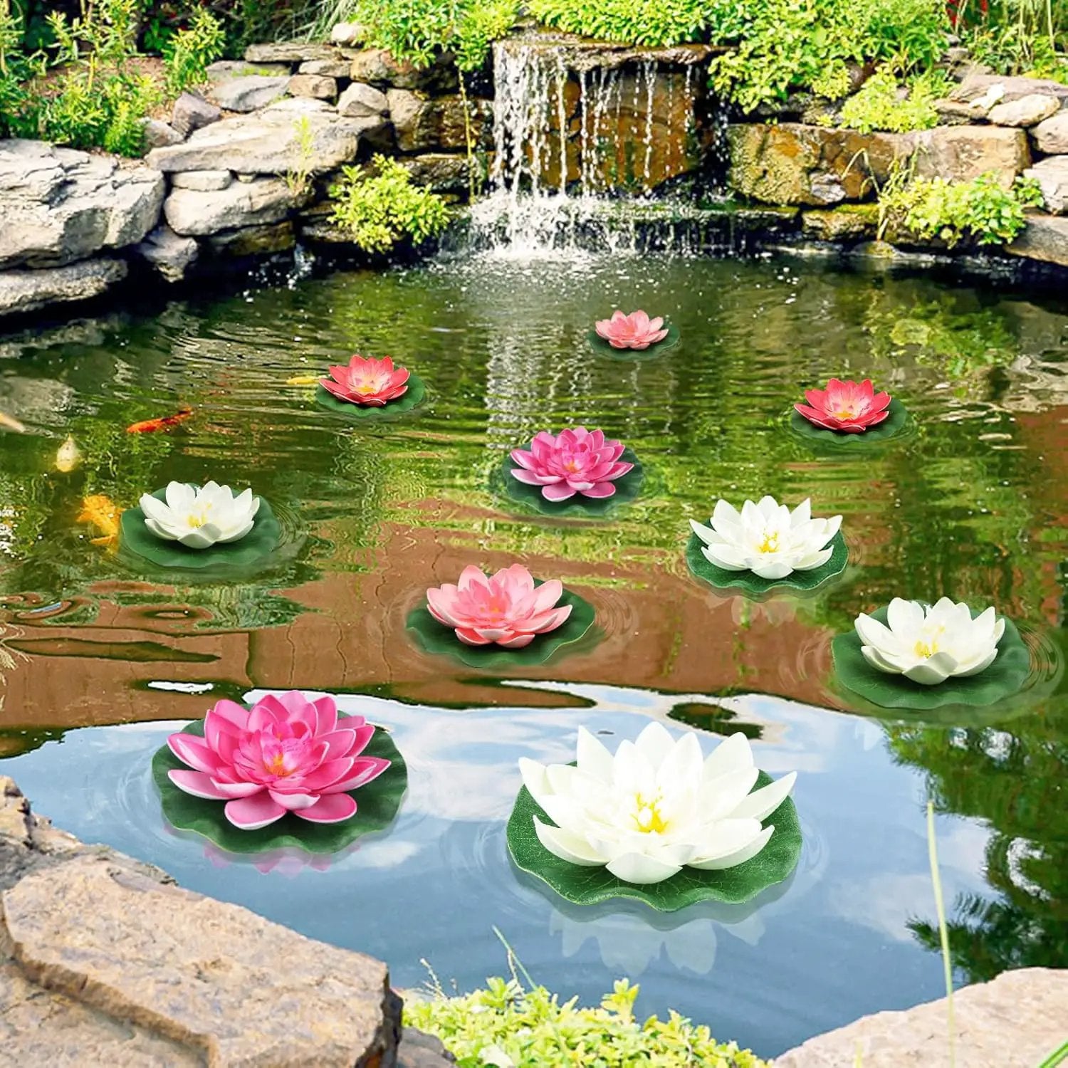 10PCS 3 Sizes Artificial Foam Lotus Floating Flowers with Water Lily Pad Ornaments for Home Garden Pond Decor Pools Water Decorations, Pink and White by GreenHaven Gardens