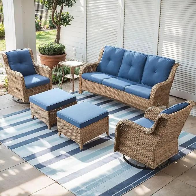 Outdoor Wicker Patio Furniture Set - 6 Piece Rattan Patio Conversation Set with 2 Rocking Swivel Chairs,2 Ottomans,1 Sofa and 1 Side Table for Porch Deck Backyard Garden(Yellow/Blue) by GreenHaven Gardens