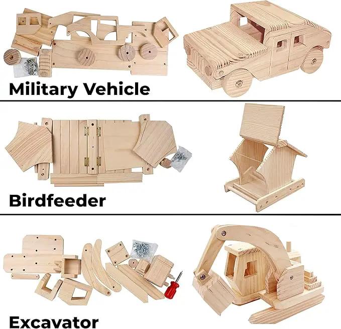 Kraftic Woodworking Building Kit for Kids and Adults, 3 Educational DIY Carpentry Construction Wood Model Kit STEM Toy Projects for Boys and Girls - Wooden Military Vehicle, Excavator and Bird-Feeder by GreenHaven Gardens