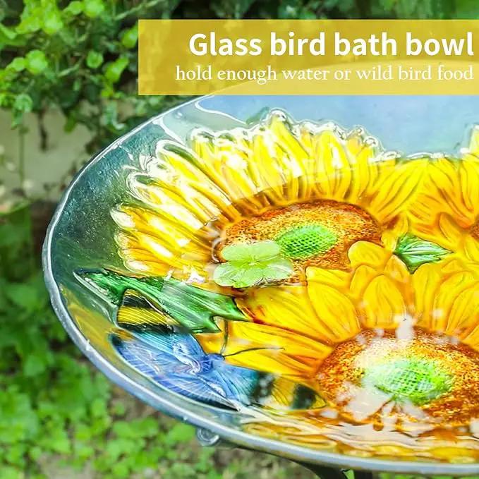 VCUTEKA Bird Baths for Outdoors, Glass Bird Bath with Metal Standing for Garden, Yards Patio Décor, Bird Lovers Gift, Sunflower Glass Birdbath Detachable (22" H * 18" W) by GreenHaven Gardens