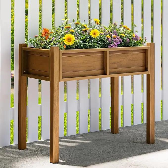 YITAHOME Raised Garden Bed, HIPS Poly Wood Elevated Planter Box with Legs and Drainage Hole, Small Flower Box Stand for Patio Balcony Garden Backyard, Teak by GreenHaven Gardens