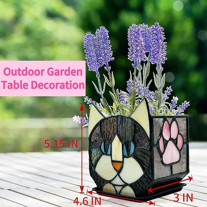 Stained Glass Black Cat Flower Pot,Succulent Pots with Drainage,Unique Black Cat Planter,Flower Pots for Indoor Plants,Glass Container Display Decoration,Cute Plant Gifts by GreenHaven Gardens