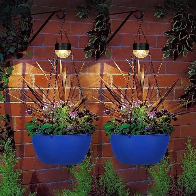 2 Packs Hanging Planters Basket for Outdoor Plants, Solar Powered Self Watering Blue Round Plastic Flower Pots with Drainer for Balcony Patio Garden Outdoor Decoration by GreenHaven Gardens