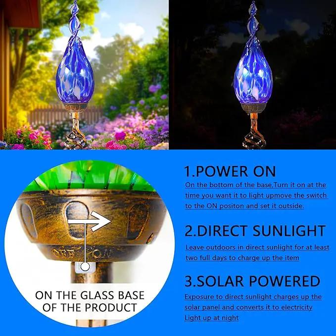 Solar Garden Lights, Decorative LED Flame Garden Stakes, Hand Blown Glass and Outdoor Waterproof Glass Stakes (Dark Blue) by GreenHaven Gardens