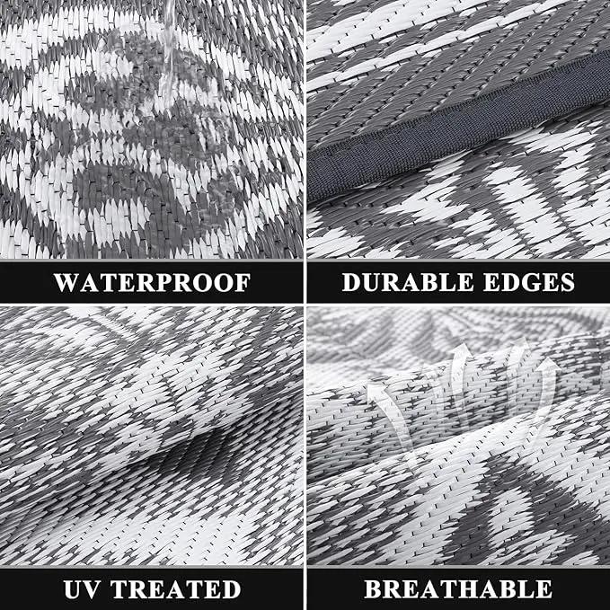 Pauwer Reversible Outdoor Rug, 6'x9', Waterproof, Polypropylene, Clover Grey, Area Rug for Patio, RV, Camping, Picnic, Backyard, Deck, Balcony, Porch by GreenHaven Gardens