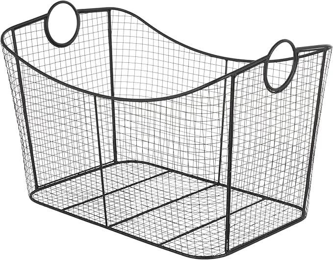 Deco 79 Metal Large Open Frame Wire Grid Storage Basket with Curved Sides and Ring Handles, 30" x 20" x 20", Black by GreenHaven Gardens