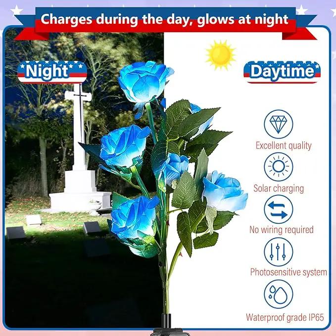 Woanger 4 Pcs Solar Flowers Cemetery Grave Decorations Outdoor LED Flower Lights with 6 Rose Powered Garden Stake Lights Waterproof for Independence Day Grave Decorations(Blue, White) by GreenHaven Gardens