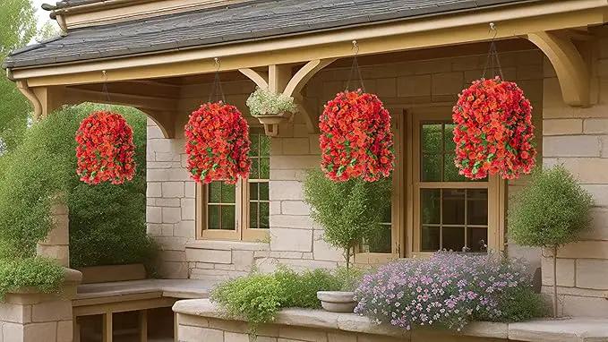 Artificial Hanging Flowers in 12 inch Basket, Fake Fall Plant Silk Orchid Flower Arrangement with Hanging Basket Daisy Planter for Patio Garden Porch Deck Summer Autumn Yard Decoration(Red Orange) by GreenHaven Gardens