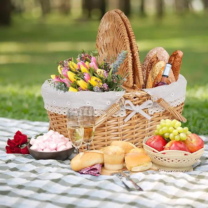 Happypicnic Wicker Picnic Basket with Handle, 15" Large Empty Picnic Basket with Lid & Removable Liner, Vintage Hand Woven Basket for Picnics, Camping, Veg Picking, Mother'S Day, Thanksgiving (Flower) by GreenHaven Gardens