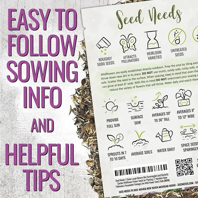 Seed Needs Garden Flower Seeds Large Blooms Mix Hummingbird and Butterfly | 2 Packs (1 Ounce Each) No Filler 7 Varieties Open Pollinated | Resealable Package Live Wild Flower Seed | Bulk by GreenHaven Gardens