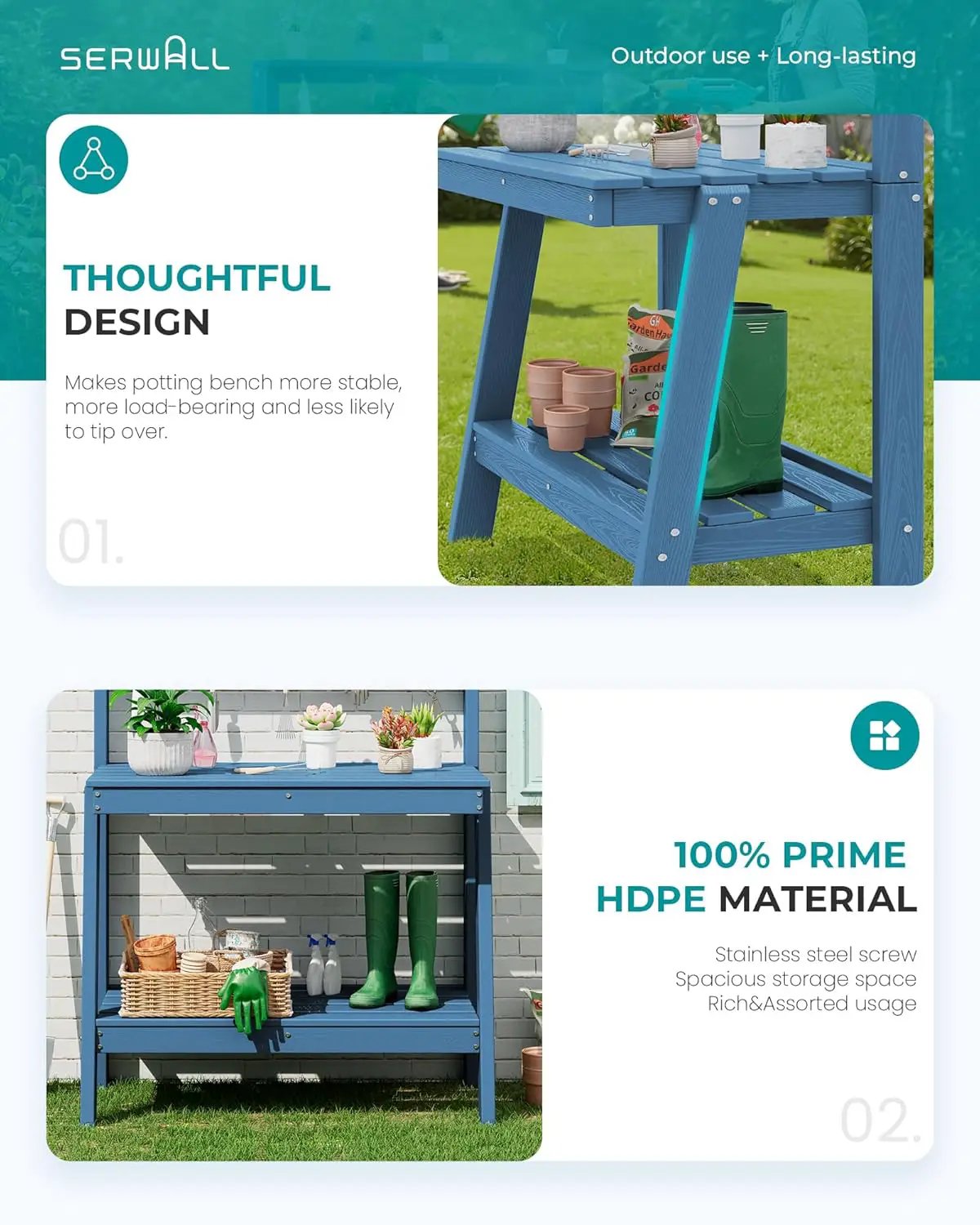 SERWALL Potting Bench Outdoor with Storage, 3-Tier HDPE Gardening Table with Angled Legs & Tool Hooks, All-Weather Heavy Duty Potting Table for Patio, Backyard, Garden, Blue by GreenHaven Gardens