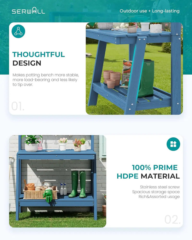 SERWALL Potting Bench Outdoor with Storage, 3-Tier HDPE Gardening Table with Angled Legs & Tool Hooks, All-Weather Heavy Duty Potting Table for Patio, Backyard, Garden, Blue by GreenHaven Gardens