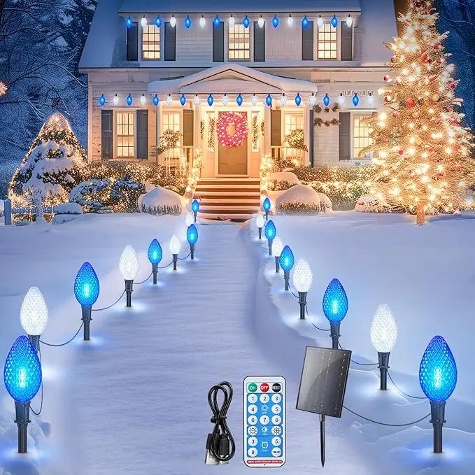 Minetom Solar Double C9 Strawberry Pathway Lights - 16FT 10 LED C9 Christmas Lights with Timer, 8 Modes, Solar Christmas Outdoor Decorations for Lawn Outside Walkway, Blue White by GreenHaven Gardens