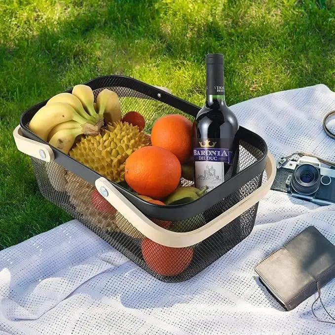 Portable Mesh Harvest Basket - Natural Bamboo Handle Foldable Organizer for Kitchen, Garden & Picnic | Ventilated Storage Bin with Rust-Proof Wire, Space-Saving Farmhouse Decor (Black) by GreenHaven Gardens