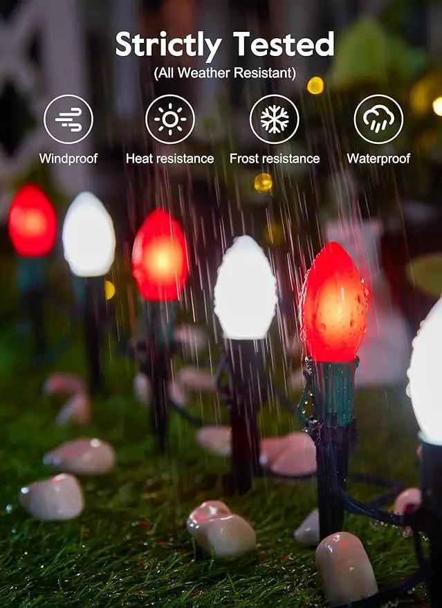 Frosted C9 Christmas Lights Outdoor, 25.7 Ft Christmas Pathway Lights with 20 LED Bulbs and Stakes, Connectable Christmas Yard Decorations Walkway Sidewalk Holiday, Red and White by GreenHaven Gardens