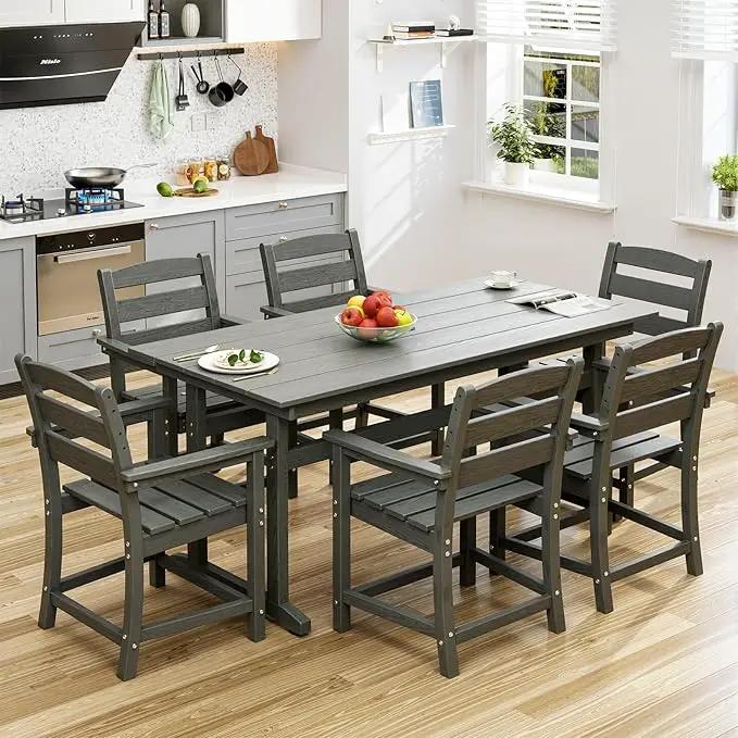 7pcs Outdoor Dining Set, HDPE Patio Dining Set for 6, All-Weather Outdoor Table and Chairs with Umbrella Hole & Adjustable Pads, Modern Patio Furniture Set for Backyard, Poolside &Lawn (Grey) by GreenHaven Gardens