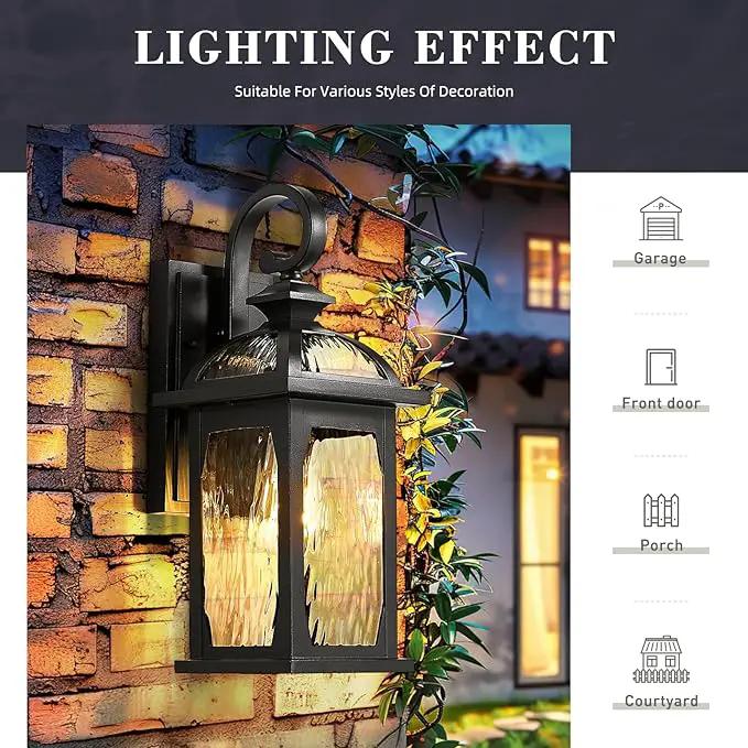 zeyu 15 Inch Outdoor Wall Lights Exterior, Outdoor Patio Light Fixture for Garden Porch, Die-Cast Aluminum with Water Ripple Glass, Black Finish, ZD100B BK-WP by GreenHaven Gardens