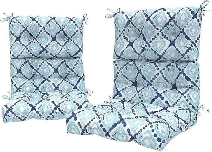 LVTXIII Outdoor Tufted High Back Cushions Set of 2 Patio Seasonal Replacement Rocking Chair Cushion with Ties, Solid Seat and Back Chair Cushion, (44” L x 22W”, Boho Geometry Blue) by GreenHaven Gardens