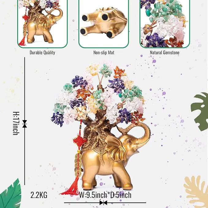 7 Chakra Crystal Money Tree on Gold Elephant Statue, 17”Large Gemstone Bonsai Tree of Life Home Décor Gifts for Wealth Positive Energy, Feng Shui Décor by GreenHaven Gardens