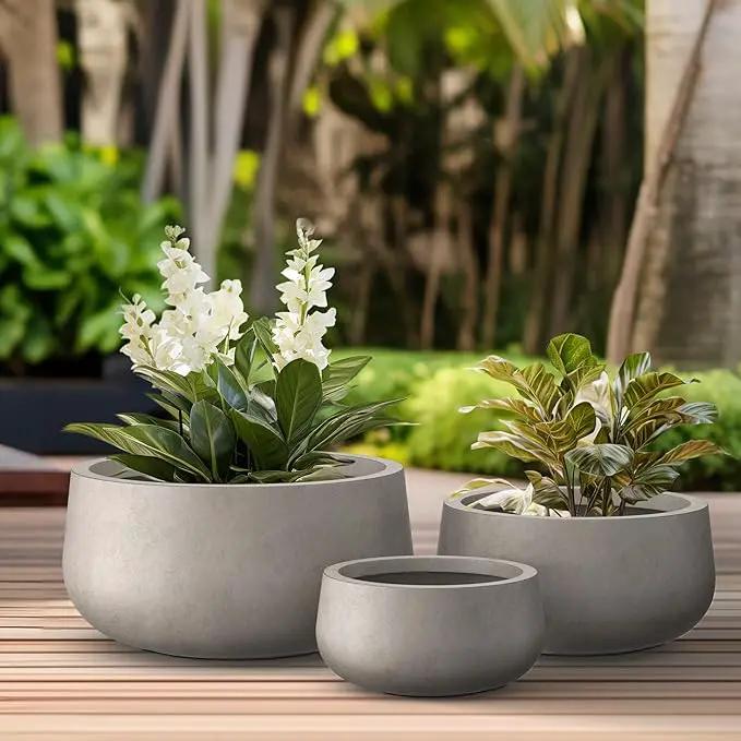Kante 19.6",15.7",11.8" Dia Round Concrete Planters Set of 3, Outdoor Indoor Large Plant Pots with Drainage Hole, Modern Curvaceous Design, Weathered Concrete by GreenHaven Gardens