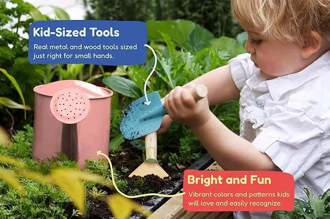 Gardening Set, Tool Kit, for Kids, STEM, Includes Tote Bag, Spade, Watering Can, Rake, Fork, Trowel and Gloves (Petal) by GreenHaven Gardens