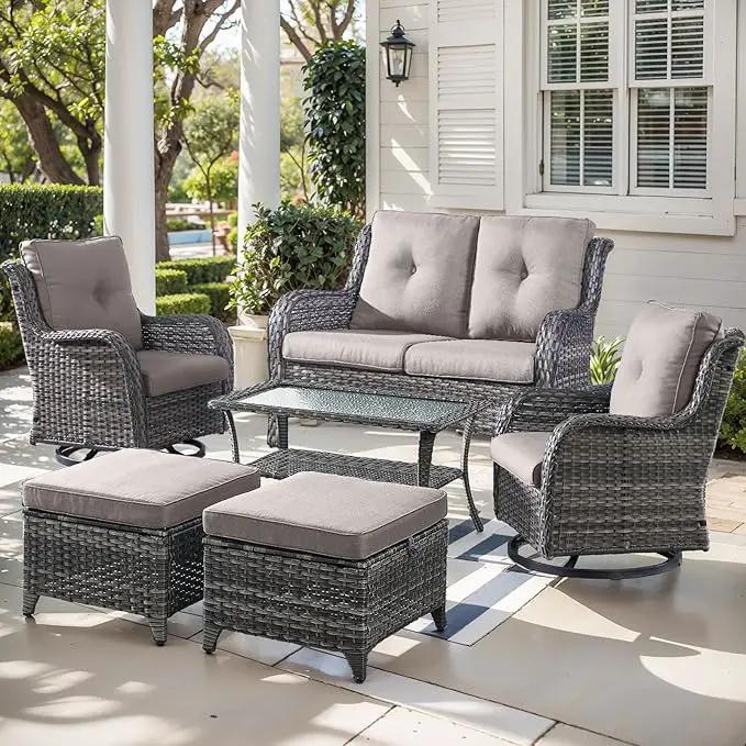Outdoor Wicker Patio Furniture Set - 6 Piece Rattan Patio Conversation Set with 2 Rocking Swivel Chairs,2 Ottomans,1 Loveseat and 1 Coffee Table for Porch Deck Backyard Garden(Mixed Grey/Grey) by GreenHaven Gardens