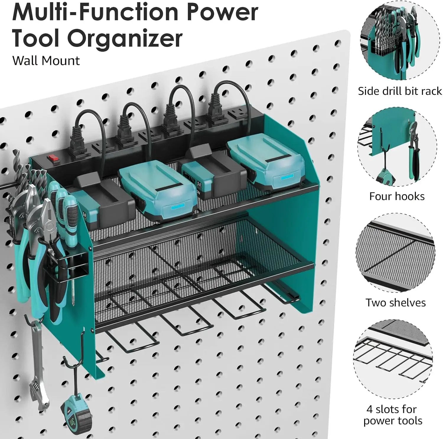 CCCEI Modular Power Tool Organizer Wall Mount with Charging Station. Garage 4 Drill Storage Shelf with Hooks, Drill Bit Heavy Duty Rack, Navy Blue Tool Battery Holder Built in 8 Outlet Power Strip. by GreenHaven Gardens