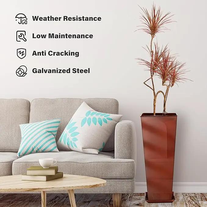 KOL 28''H. Tall Galvanized Steel Glazed Planter with Saucer, Set of 2, Planter Pots with Insert for Indoor & Outdoor Use, Decorative Flower Plant Pots for Front Porch, Patio, Deck - Reddish Brown by GreenHaven Gardens