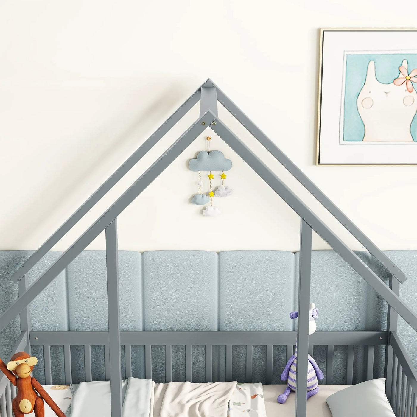 Wood House-Shaped Floor Bed With Fence, Guardrails by Unique Piece Furniture