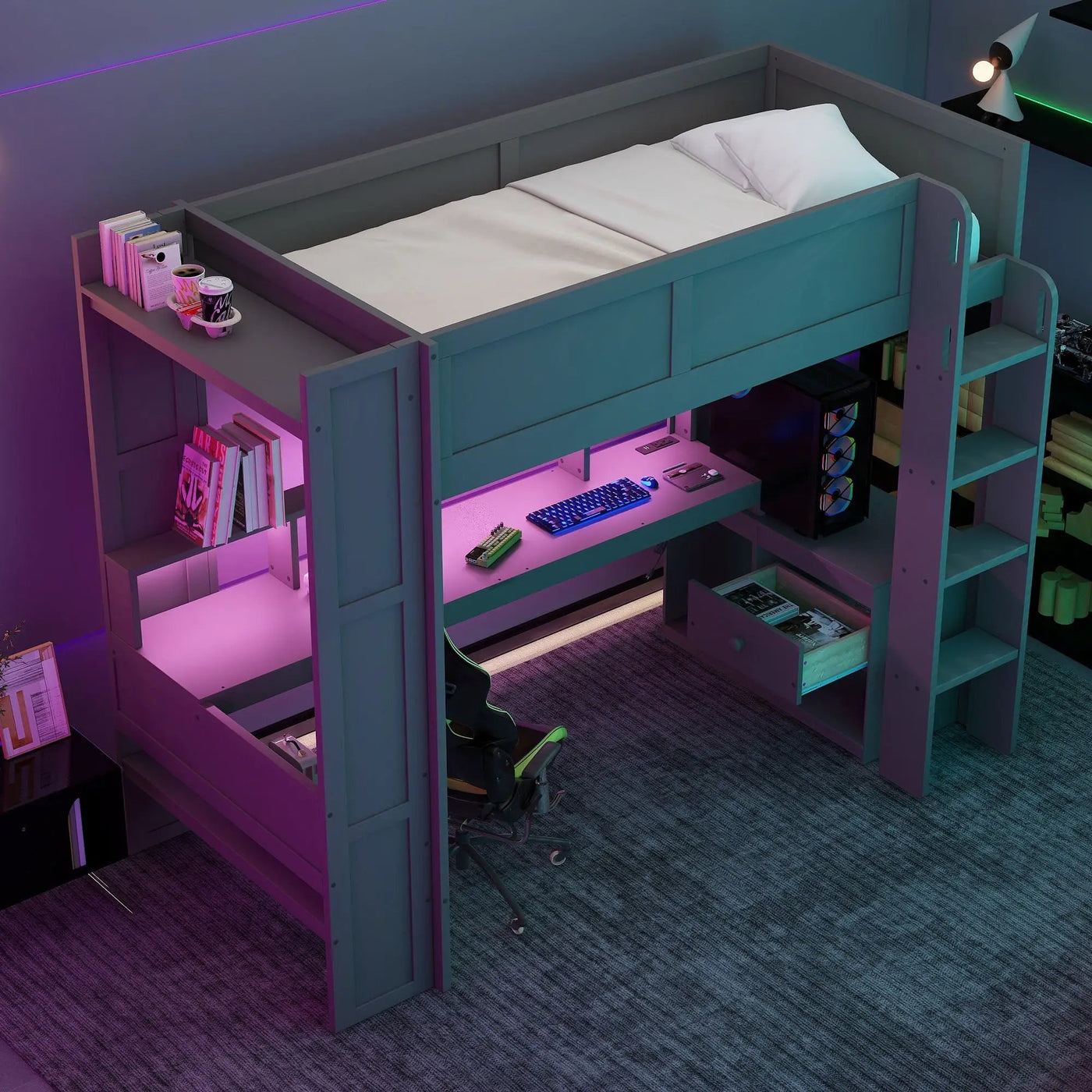 Gaming Loft Bed With Desk, Multi Storage Shelves, LED And Charging Station by HouseOfZazla