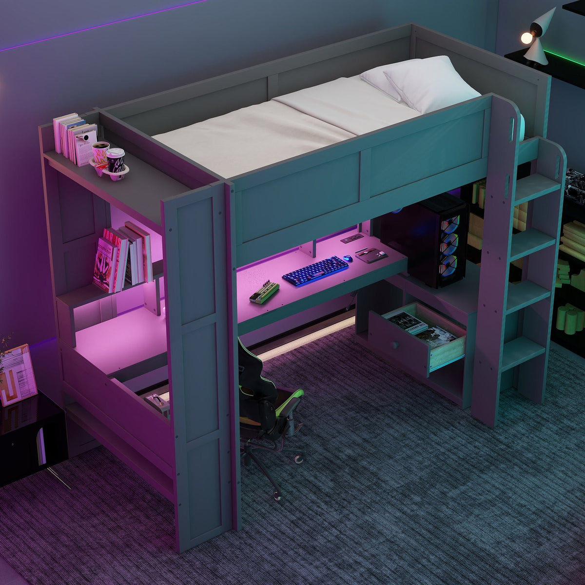 Gaming Loft Bed with Desk, Multi Storage Shelves, LED and Charging Station - Dark Gray, photo 8 of 13