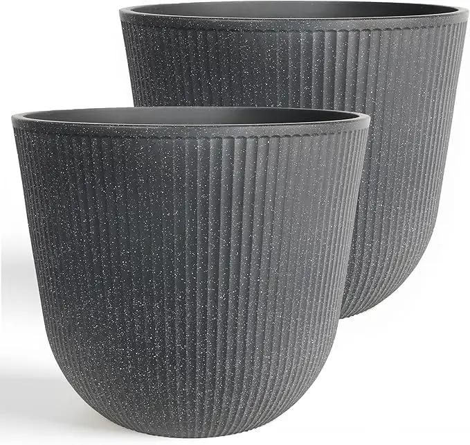 WORTH Garden Round Large Planter Pot Set of 2-17.5" Dia x 15.5" H - Durable Plastic Grey Plant Tree Pots with Vertical Stripe Textured Finish, Drainage Hole for Indoor, Outdoor, Front Porch, Patio by GreenHaven Gardens